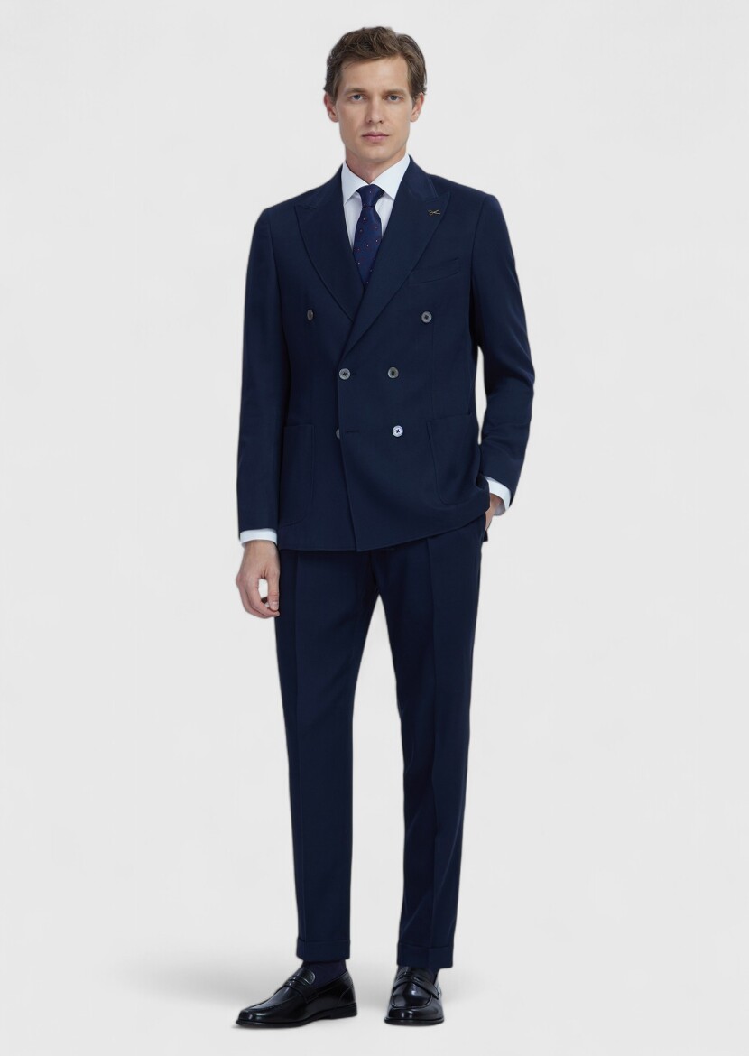 Lacivert Düz Zeroweight Slim Fit Yün Karışımlı Takım Elbise - 2