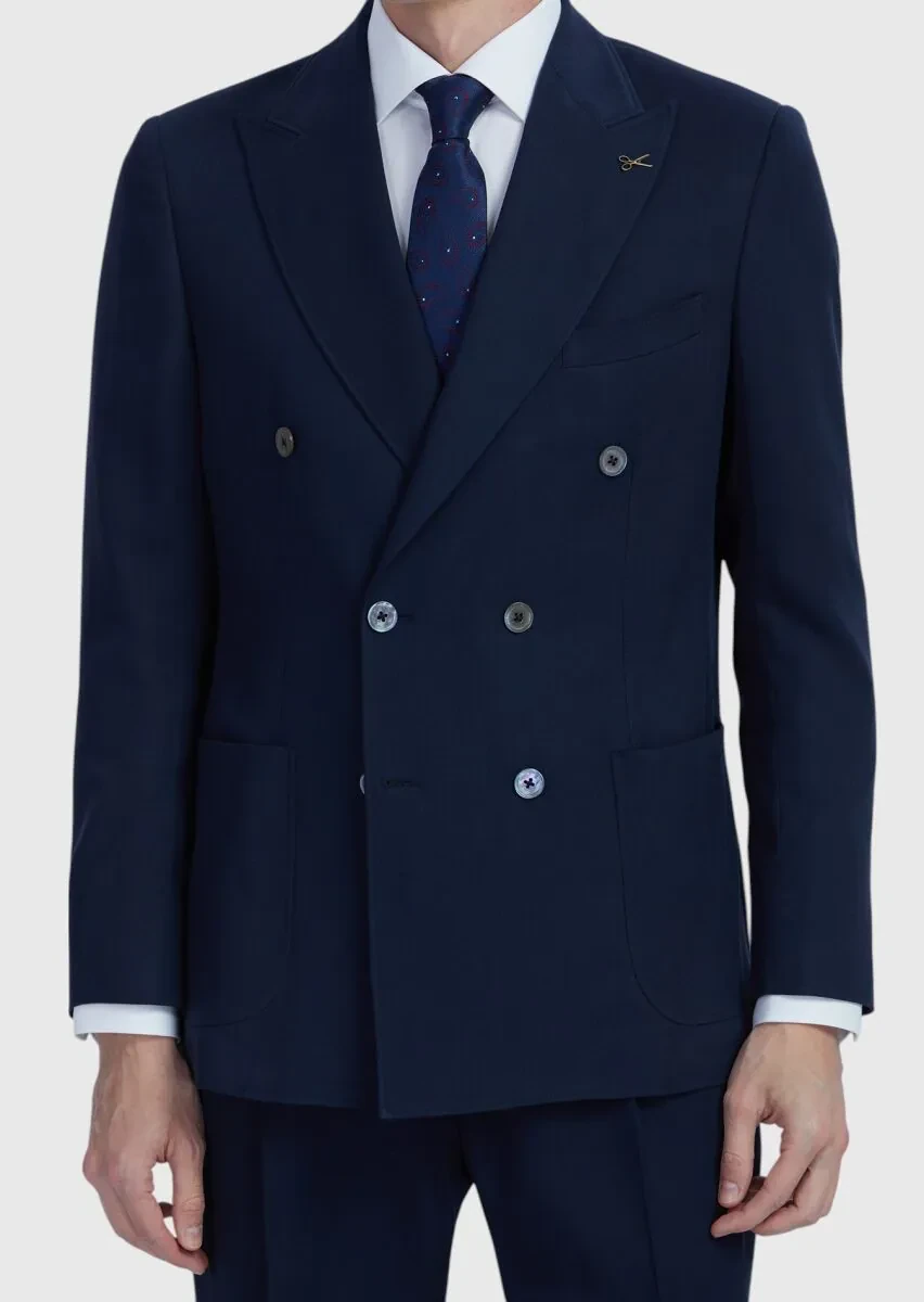 Lacivert Düz Zeroweight Slim Fit Yün Karışımlı Takım Elbise - 5