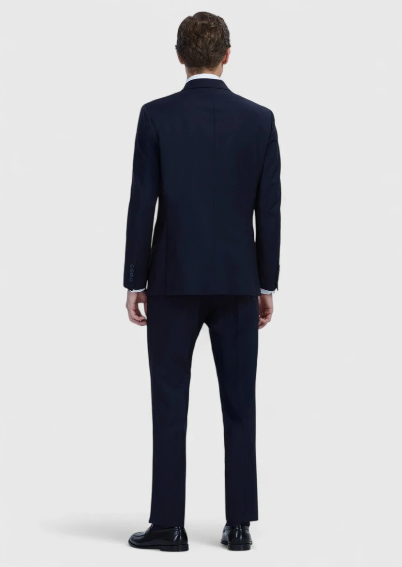 Lacivert Düz Zeroweight Slim Fit Yün Karışımlı Takım Elbise - 5