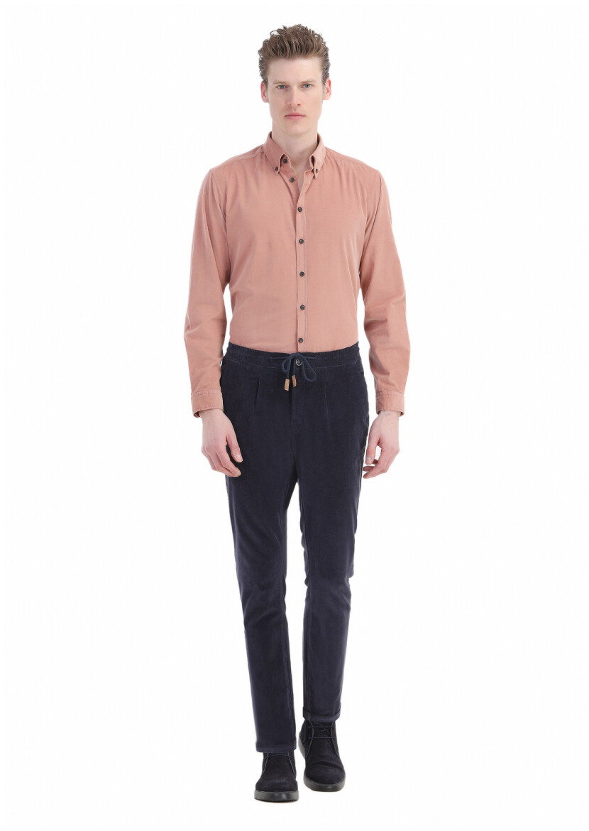 Lacivert Fitilli Dokuma Jogging Fit Kadife Casual Pamuk Karışımlı Pantolon - RAMSEY