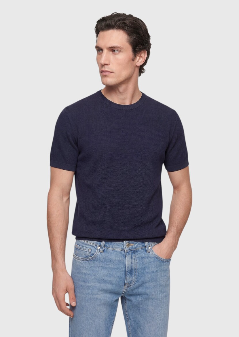 Lacivert Jakarlı %100 Pamuk T-Shirt - 1