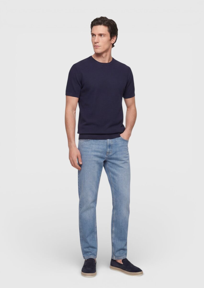 Lacivert Jakarlı %100 Pamuk T-Shirt - 4