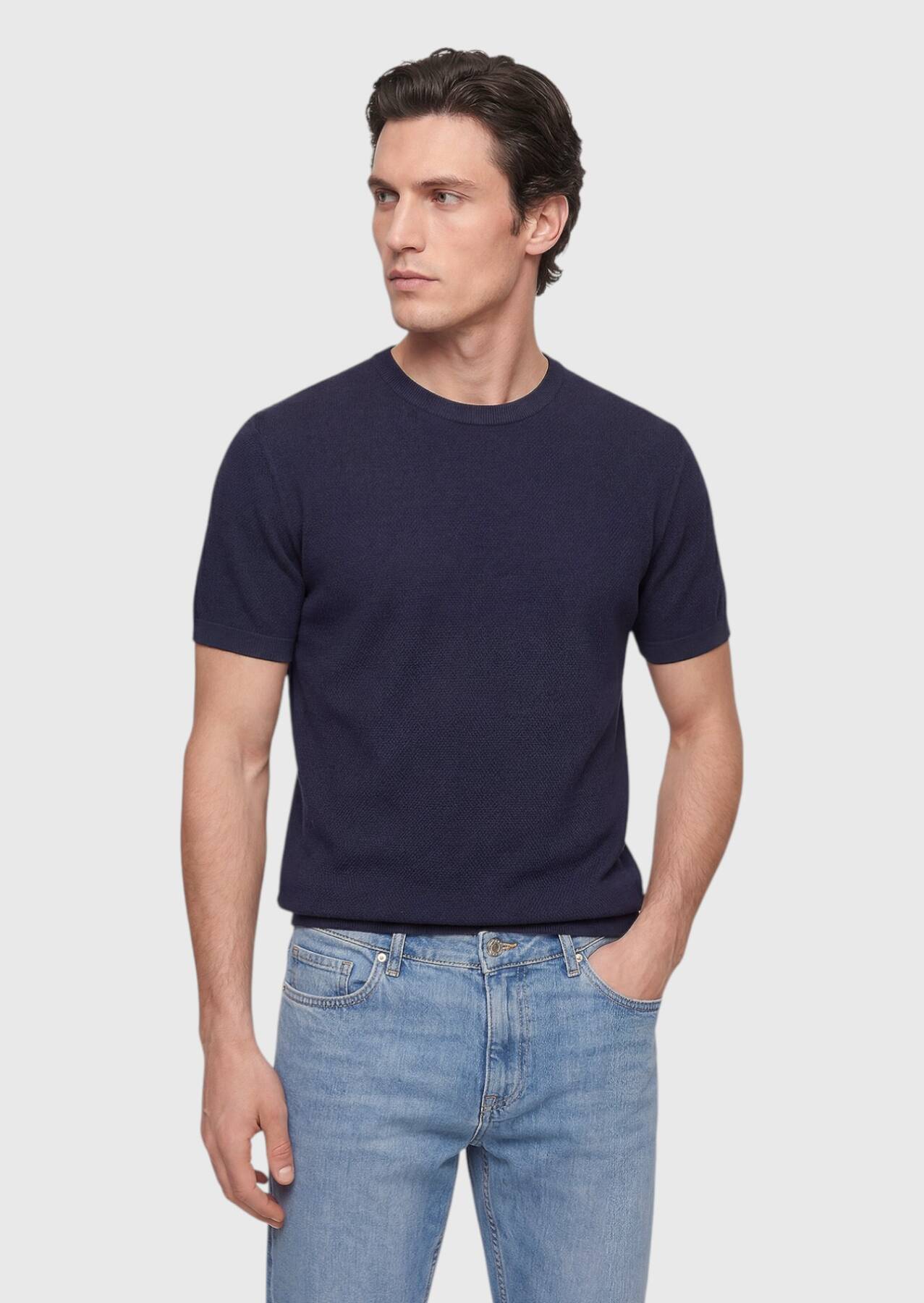 Lacivert Jakarlı %100 Pamuk T-Shirt
