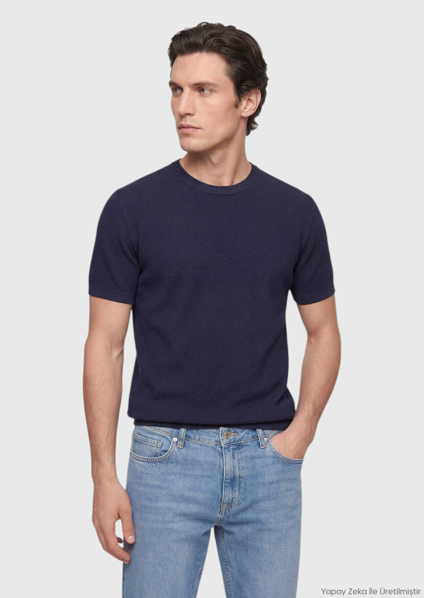 Lacivert Jakarlı %100 Pamuk T-Shirt 