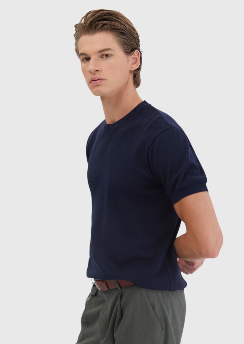 Lacivert Jakarlı Bisiklet Yaka %100 Pamuk T-Shirt - 3