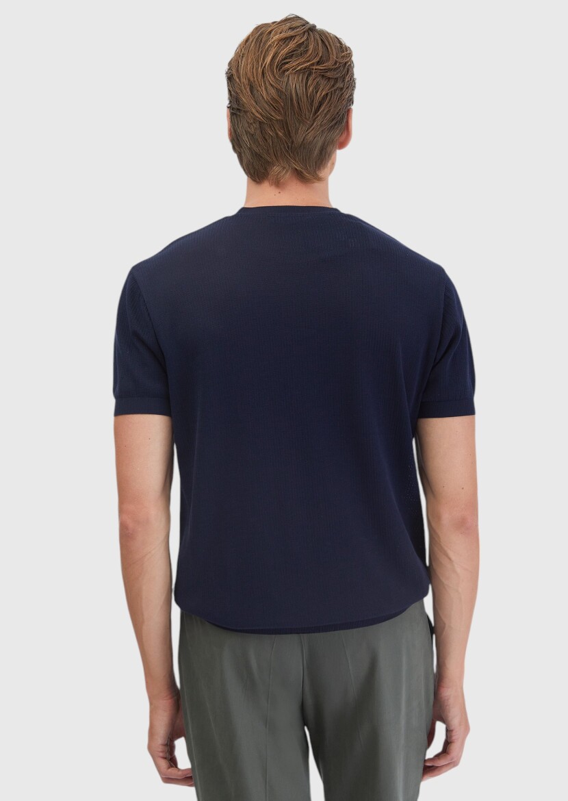 Lacivert Jakarlı Bisiklet Yaka %100 Pamuk T-Shirt - 6