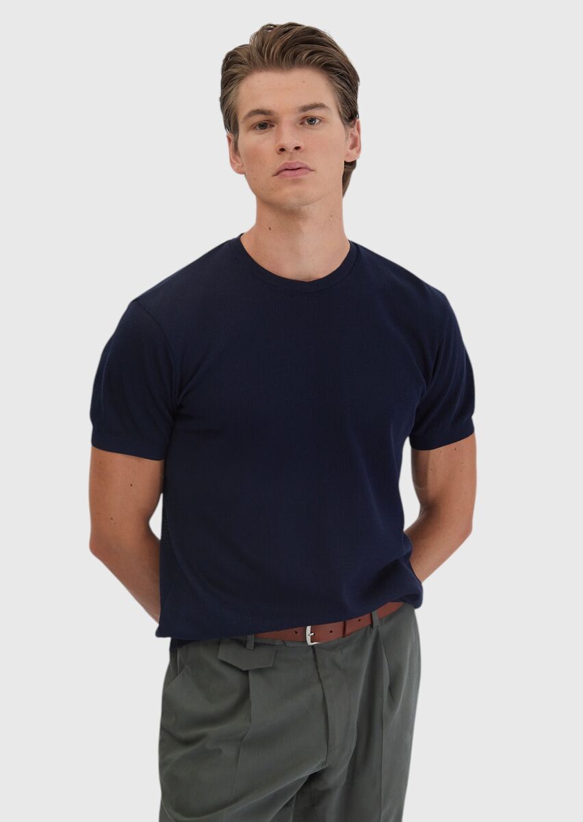 Lacivert Jakarlı Bisiklet Yaka %100 Pamuk T-Shirt - 1