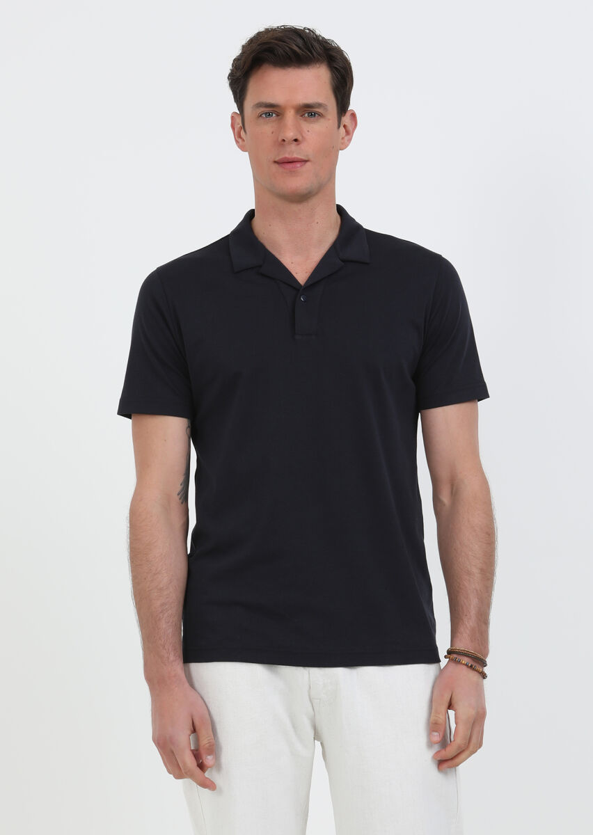 Lacivert Jakarlı Küba Yaka %100 Pamuk T-Shirt - 4