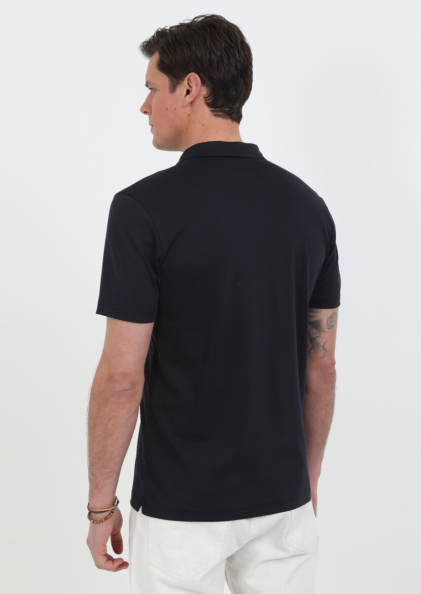 Lacivert Jakarlı Küba Yaka %100 Pamuk T-Shirt - 5