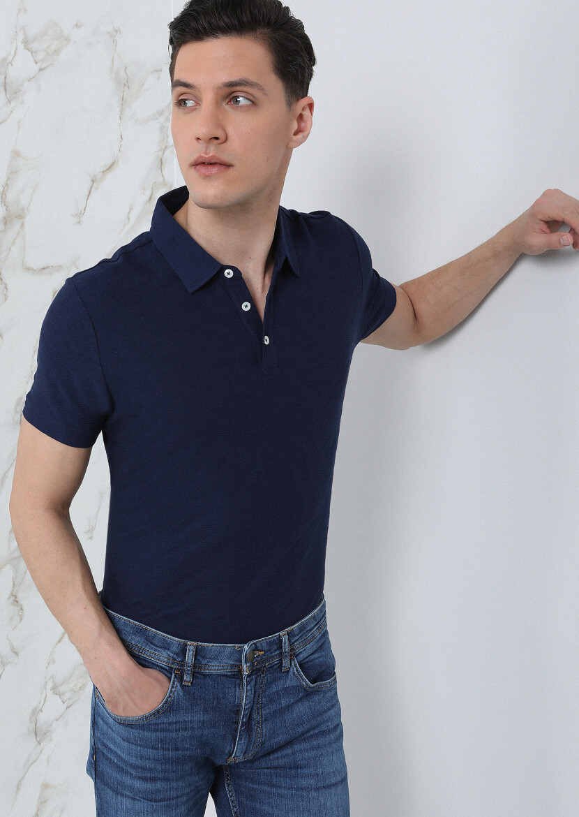 Lacivert Jakarlı Polo Yaka %100 Pamuk T-Shirt - 4