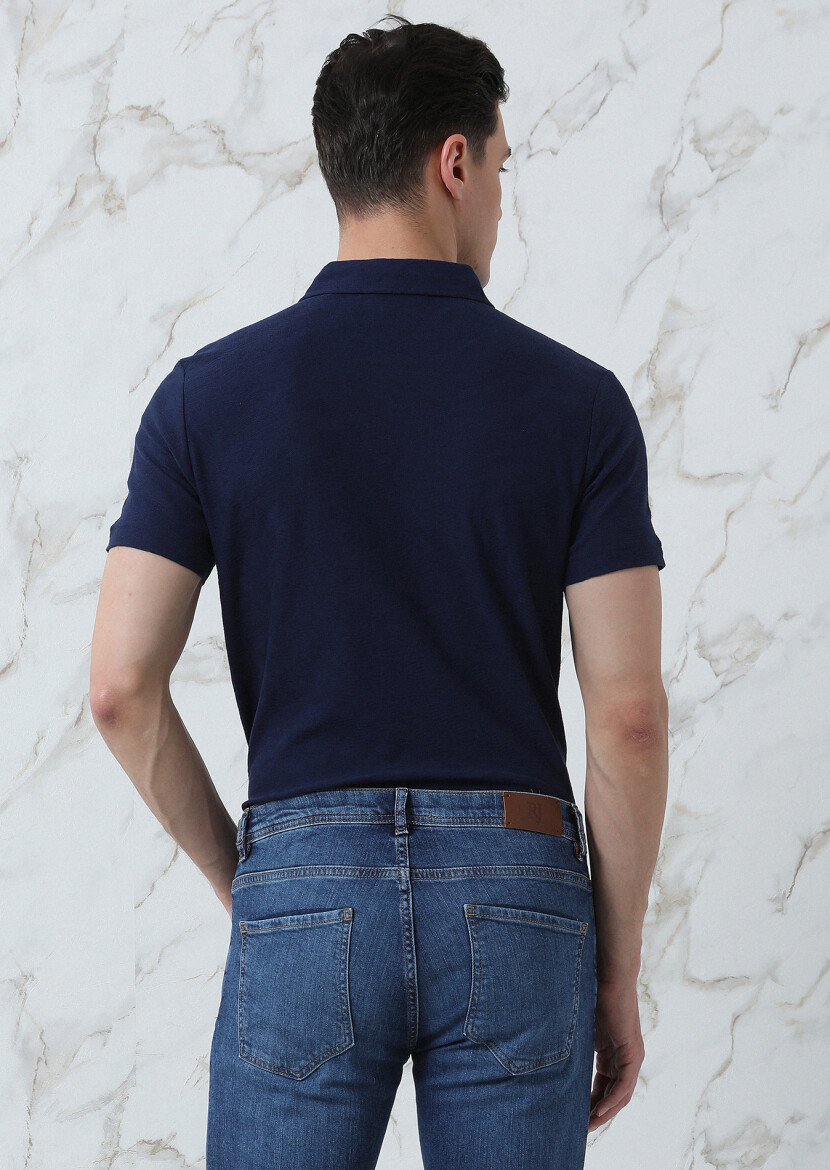 Lacivert Jakarlı Polo Yaka %100 Pamuk T-Shirt - 5