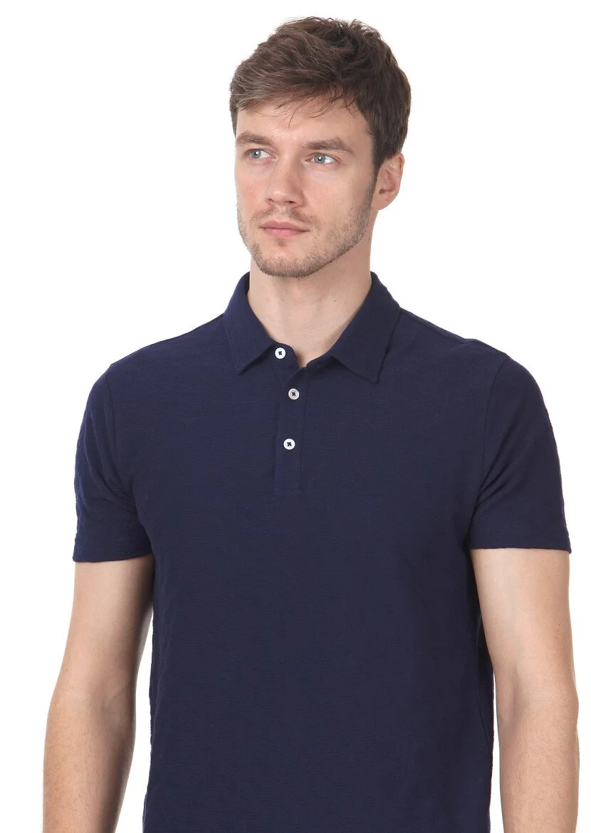 Lacivert Jakarlı Polo Yaka %100 Pamuk T-Shirt - 2