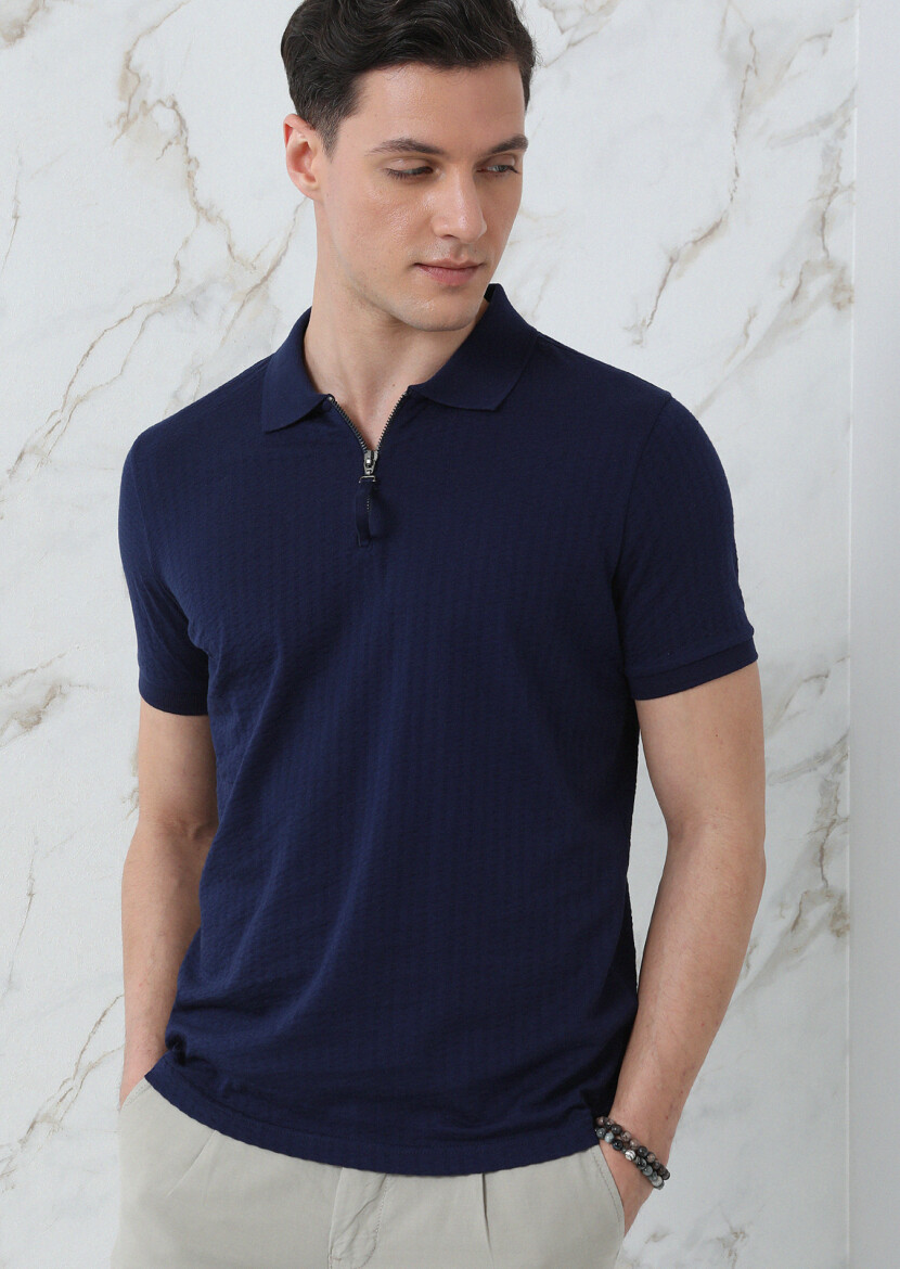 Lacivert Jakarlı Polo Yaka %100 Pamuk T-Shirt 