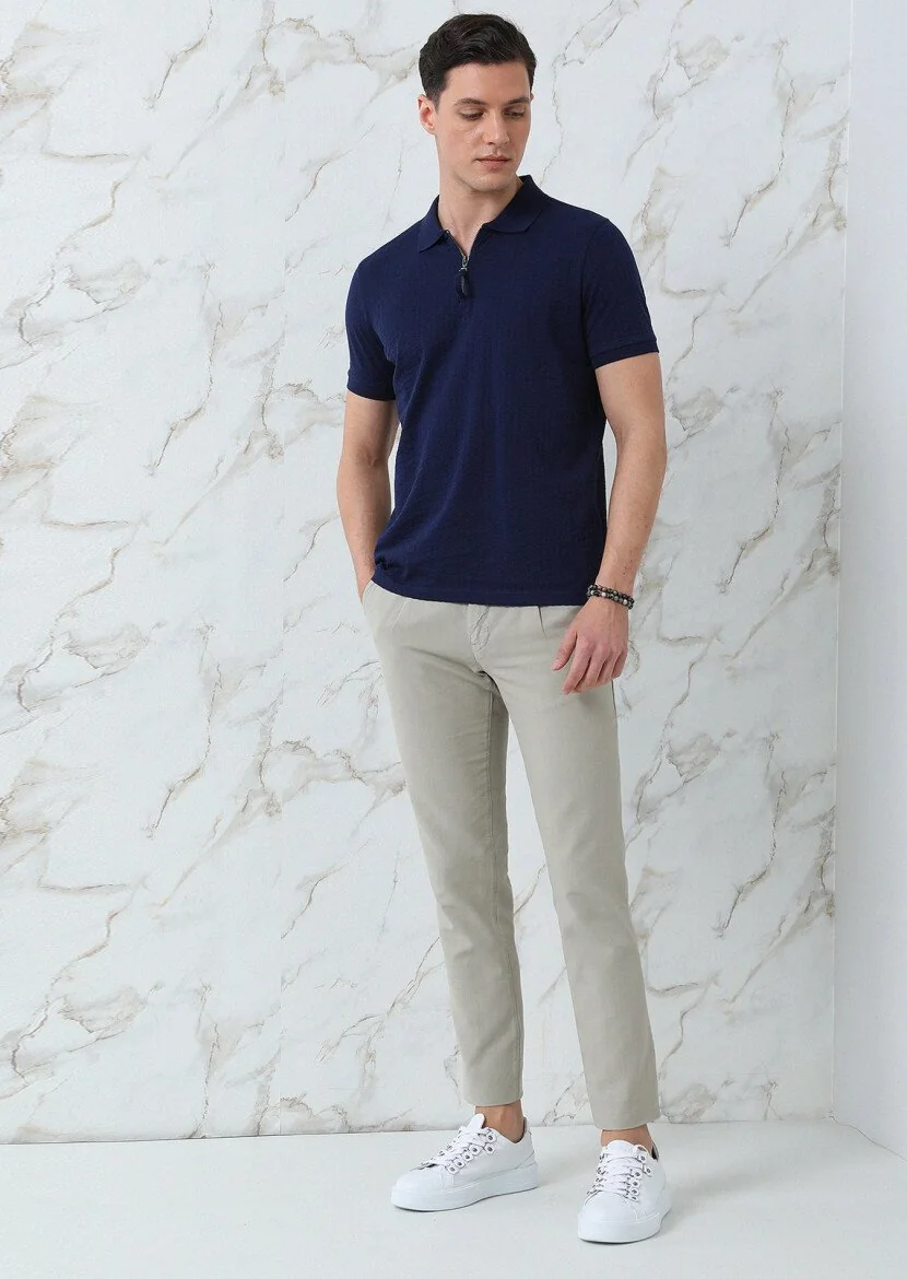 Lacivert Jakarlı Polo Yaka %100 Pamuk T-Shirt - 1