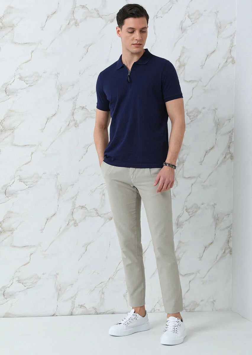 Lacivert Jakarlı Polo Yaka %100 Pamuk T-Shirt - 1