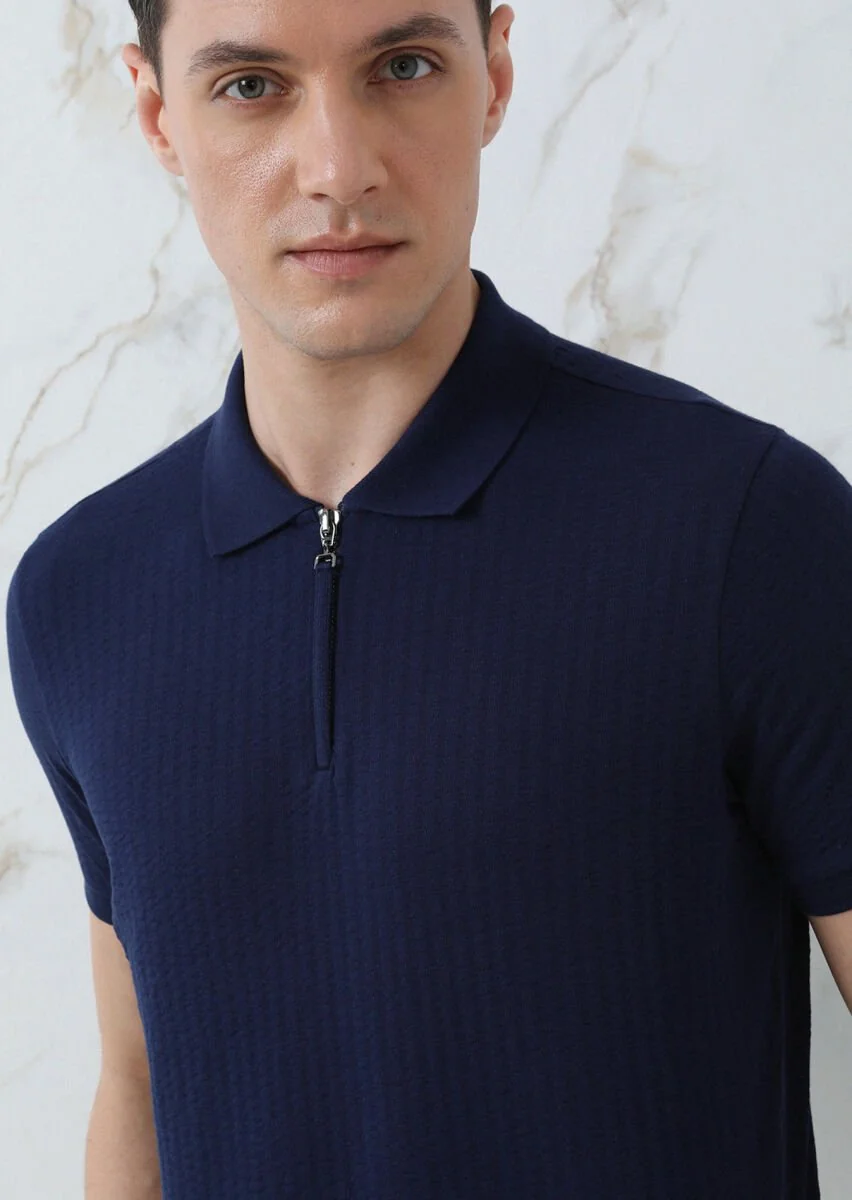 Lacivert Jakarlı Polo Yaka %100 Pamuk T-Shirt - 3