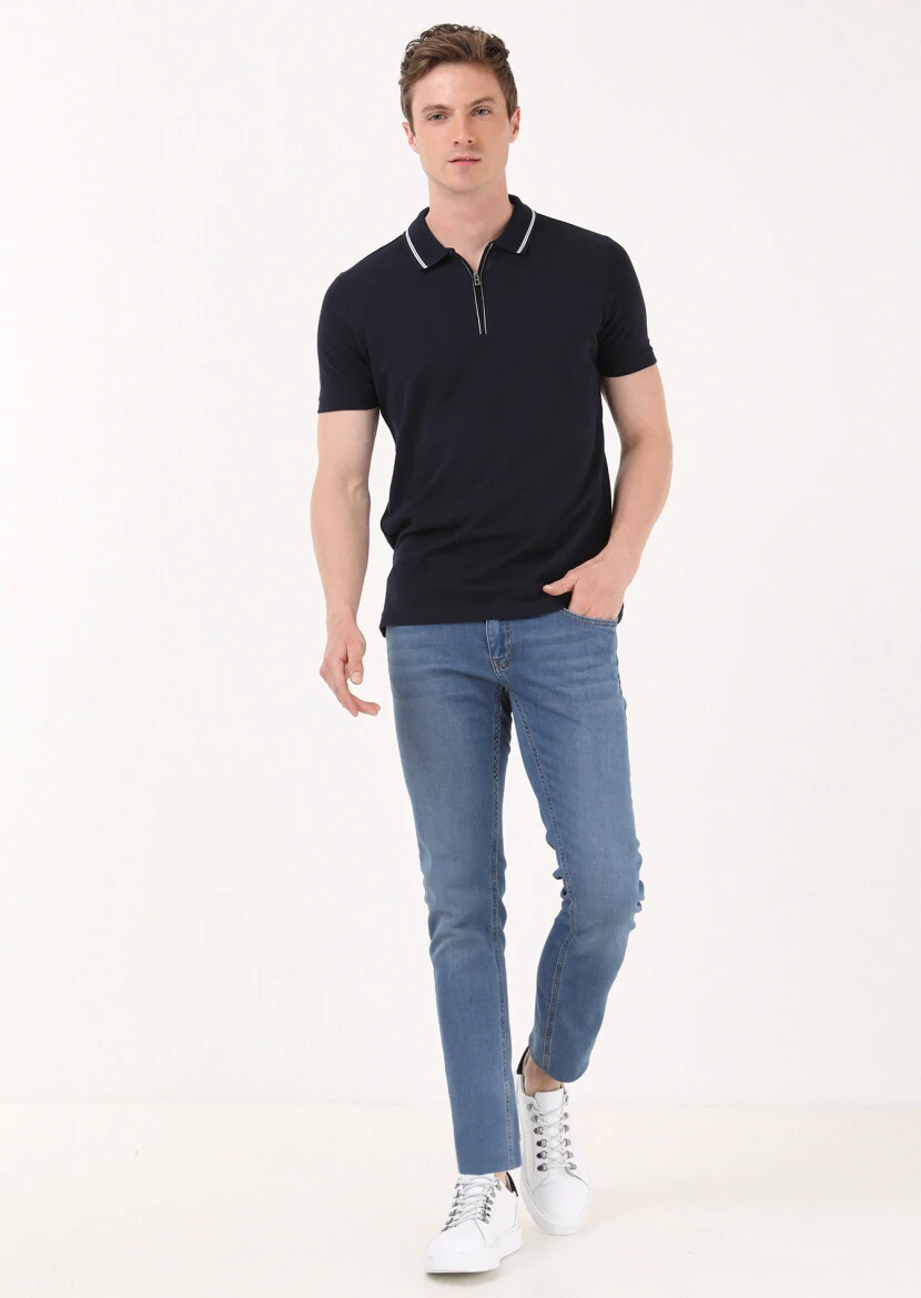 Lacivert Jakarlı Polo Yaka %100 Pamuk T-Shirt - 1