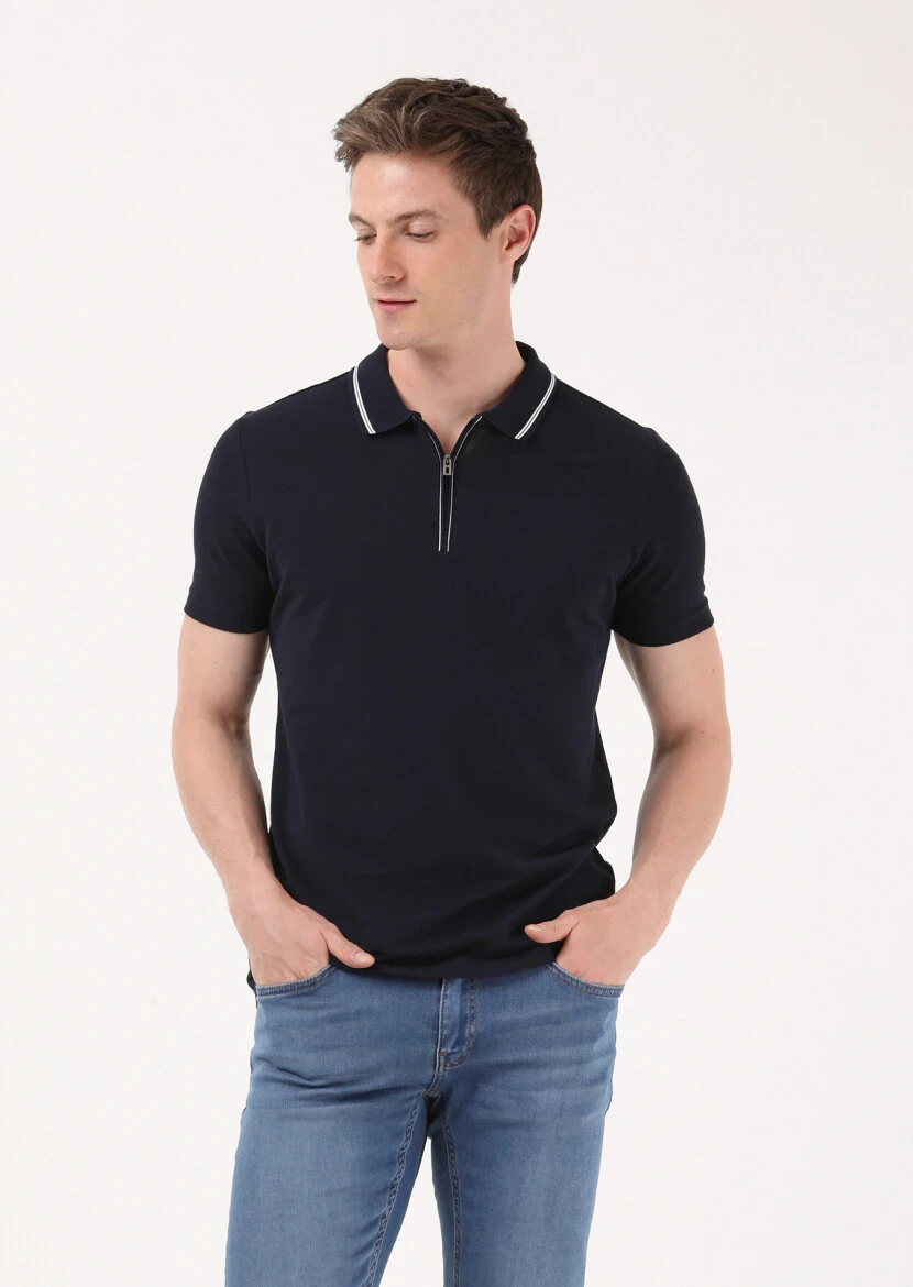 Lacivert Jakarlı Polo Yaka %100 Pamuk T-Shirt 