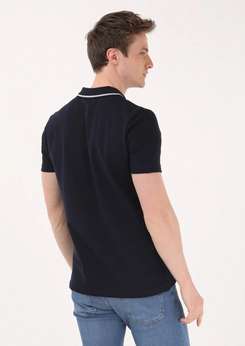 Lacivert Jakarlı Polo Yaka %100 Pamuk T-Shirt - 5