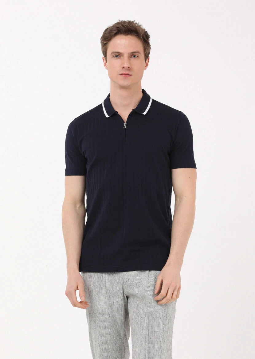 Lacivert Jakarlı Polo Yaka %100 Pamuk T-Shirt - 1
