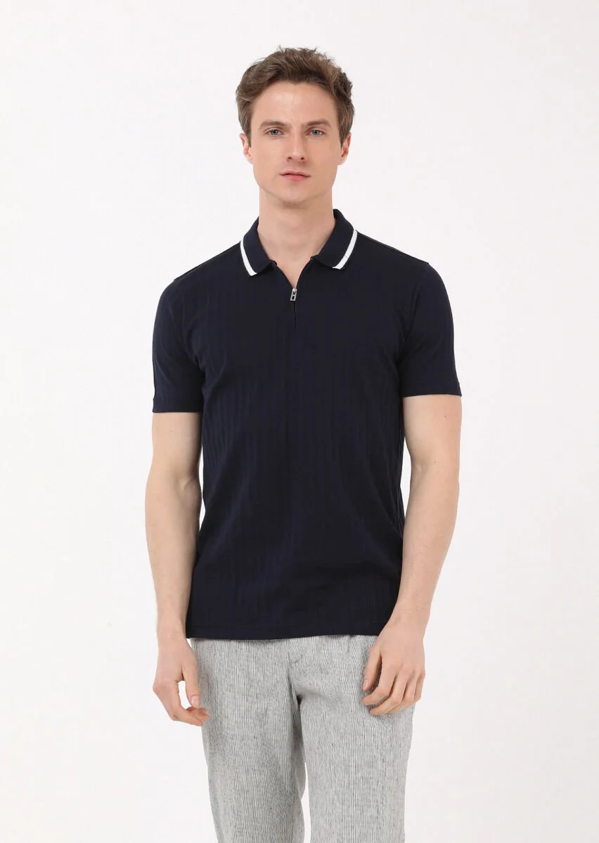 Lacivert Jakarlı Polo Yaka %100 Pamuk T-Shirt - 1