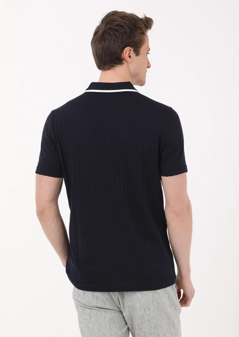 Lacivert Jakarlı Polo Yaka %100 Pamuk T-Shirt - 4