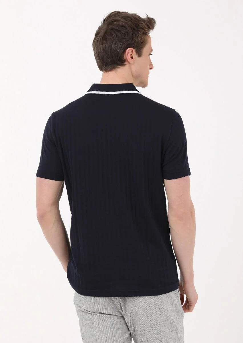 Lacivert Jakarlı Polo Yaka %100 Pamuk T-Shirt - 4