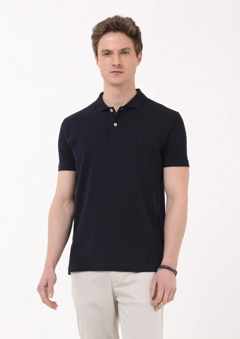 Lacivert Jakarlı Polo Yaka %100 Pamuk T-Shirt 
