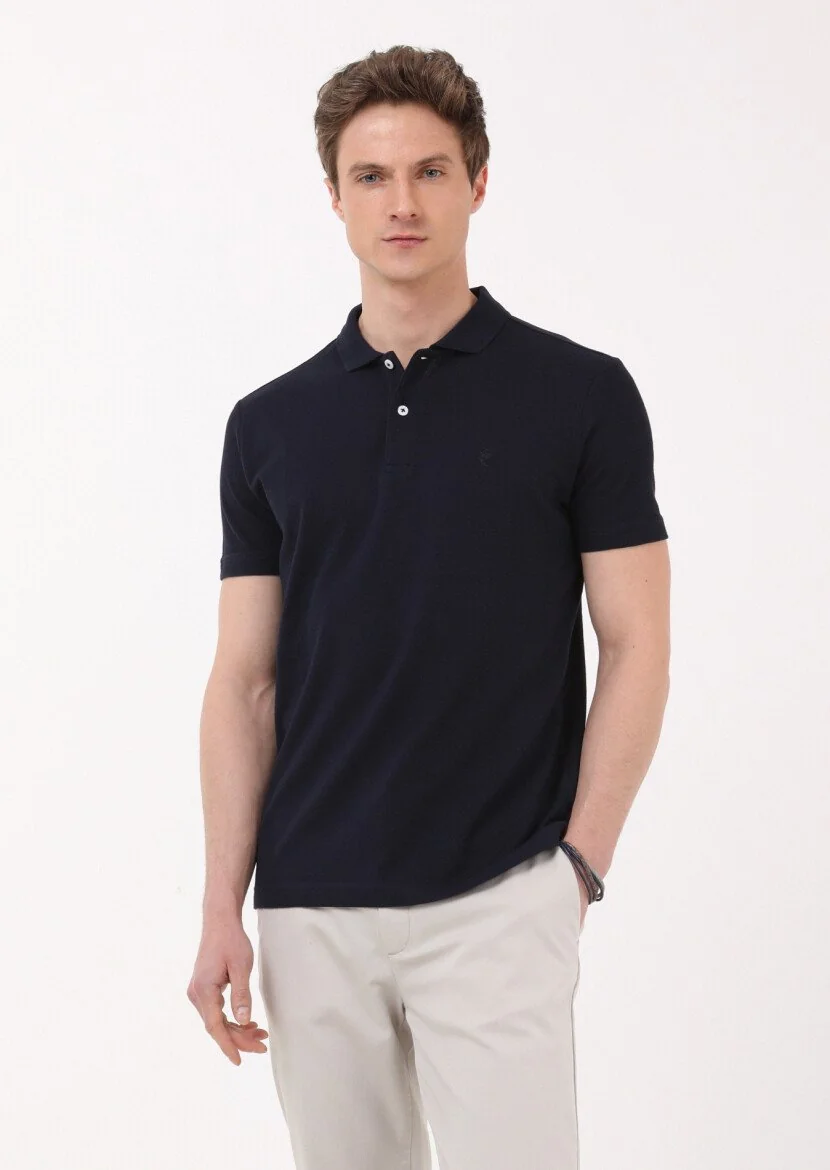 Lacivert Jakarlı Polo Yaka %100 Pamuk T-Shirt 