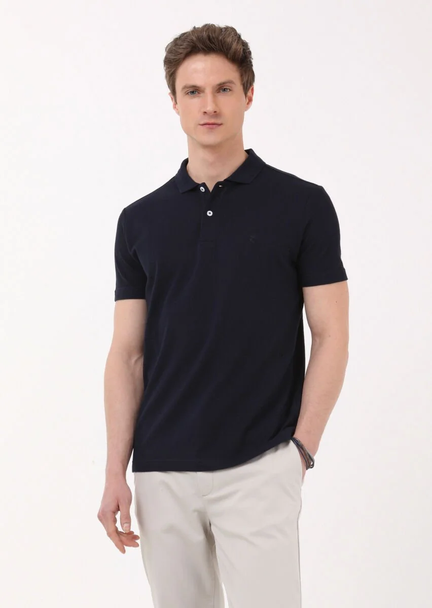 Lacivert Jakarlı Polo Yaka %100 Pamuk T-Shirt - 2