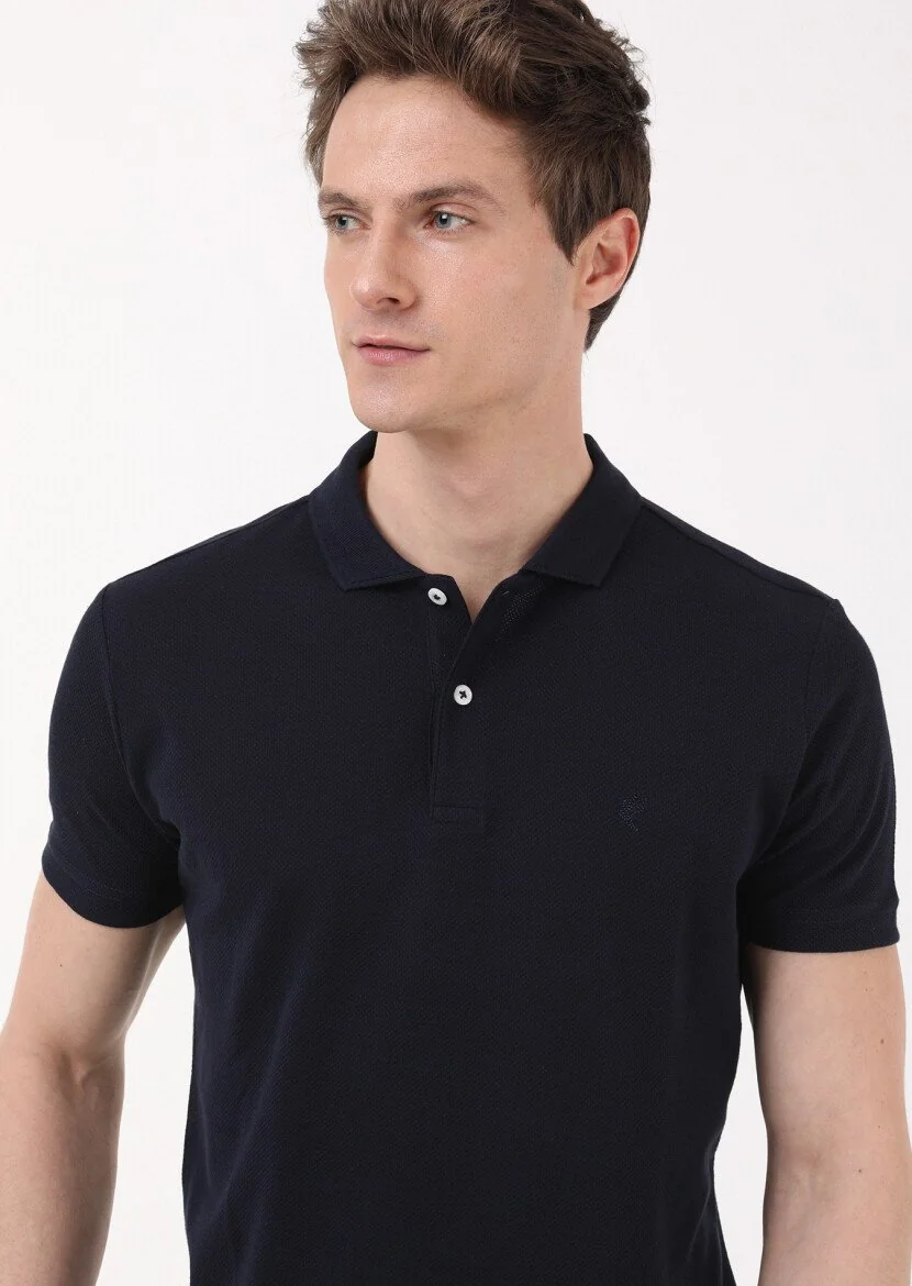 Lacivert Jakarlı Polo Yaka %100 Pamuk T-Shirt - 3