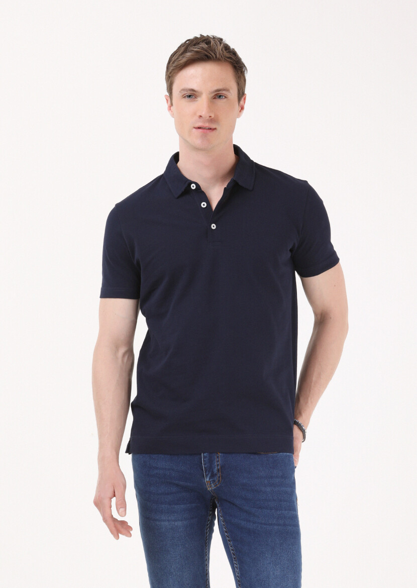 Lacivert Jakarlı Polo Yaka %100 Pamuk T-Shirt - 4