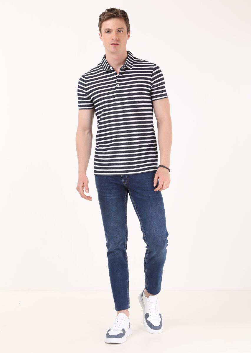 Lacivert Jakarlı Polo Yaka %100 Pamuk T-Shirt - 2