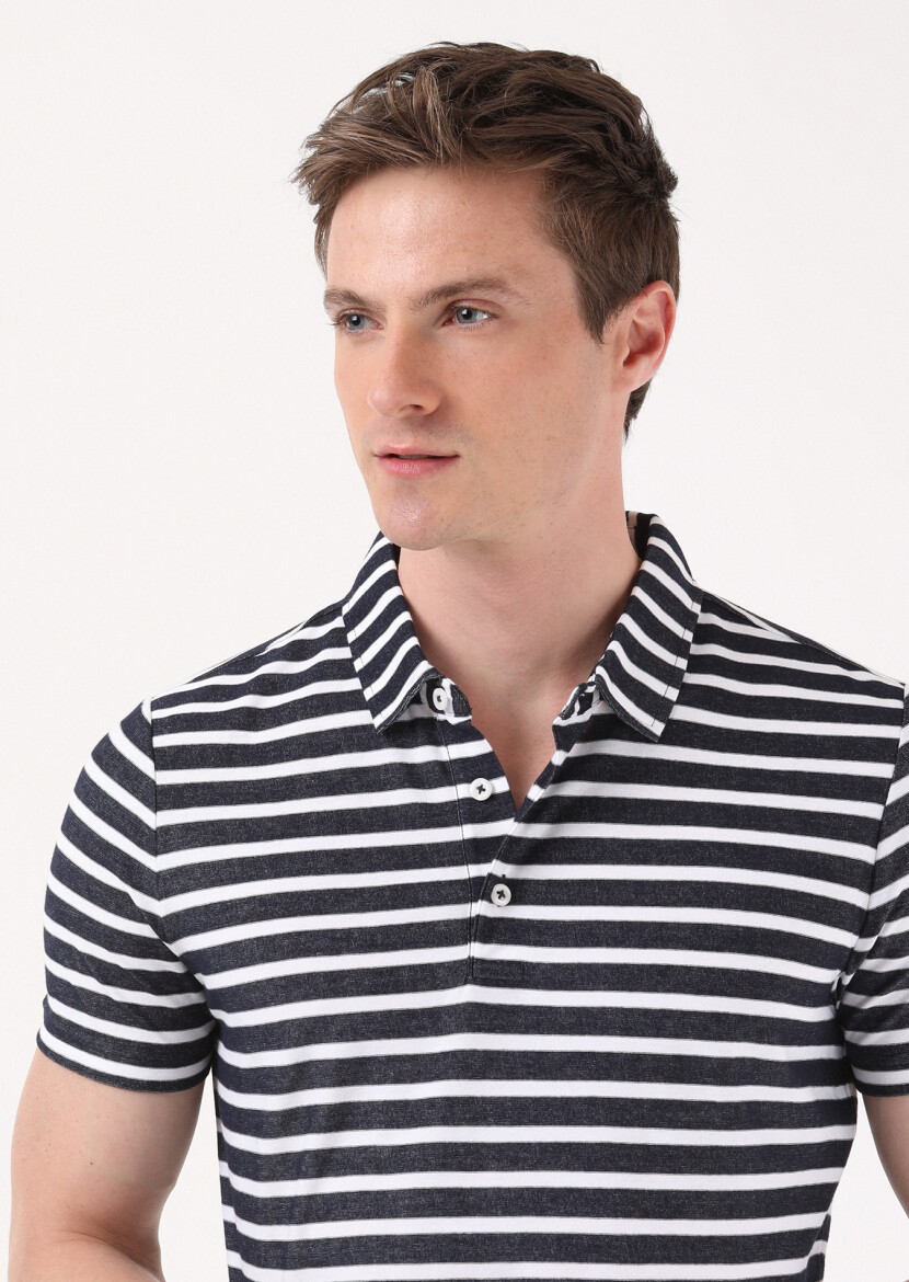 Lacivert Jakarlı Polo Yaka %100 Pamuk T-Shirt - 4