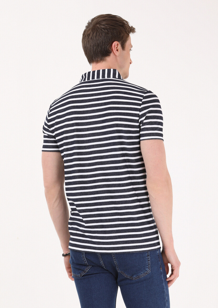 Lacivert Jakarlı Polo Yaka %100 Pamuk T-Shirt - 5