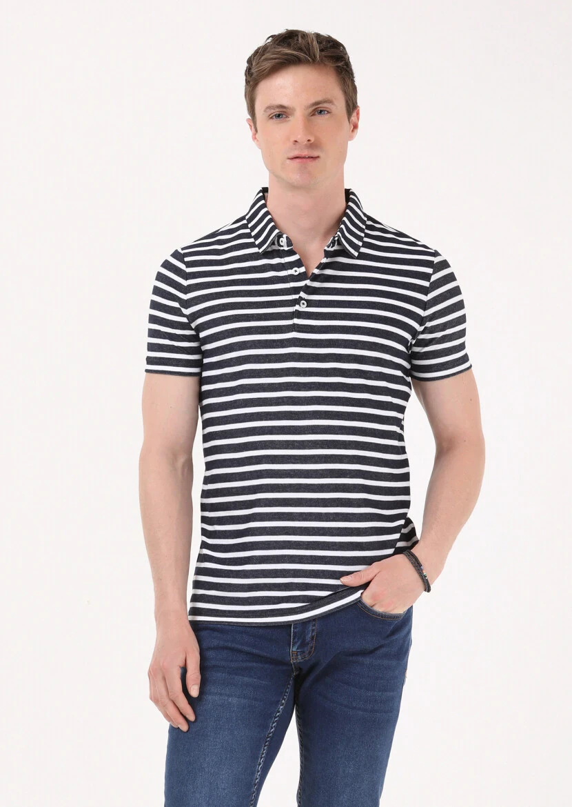 Lacivert Jakarlı Polo Yaka %100 Pamuk T-Shirt - 1