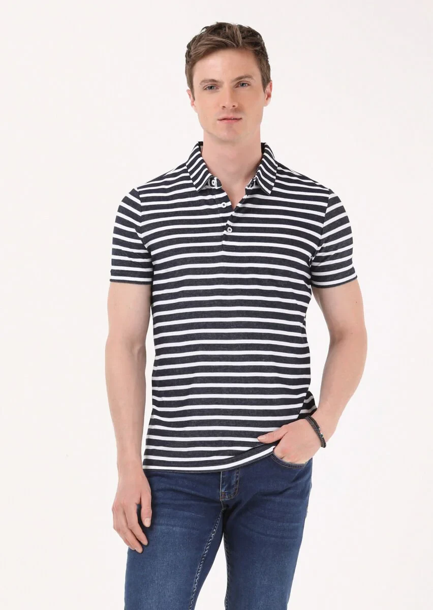 Lacivert Jakarlı Polo Yaka %100 Pamuk T-Shirt - 1