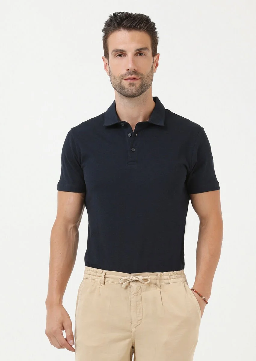 Lacivert Jakarlı Polo Yaka %100 Pamuk T-Shirt - 1