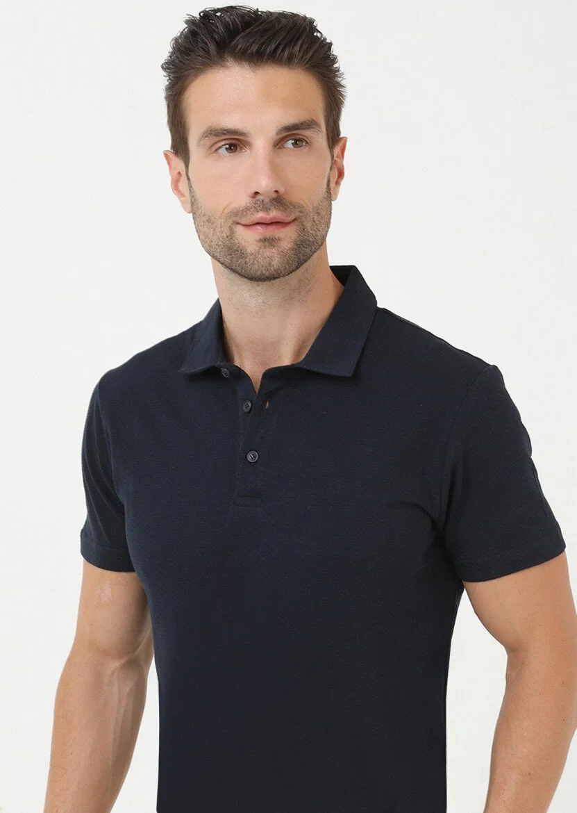 Lacivert Jakarlı Polo Yaka %100 Pamuk T-Shirt - 2