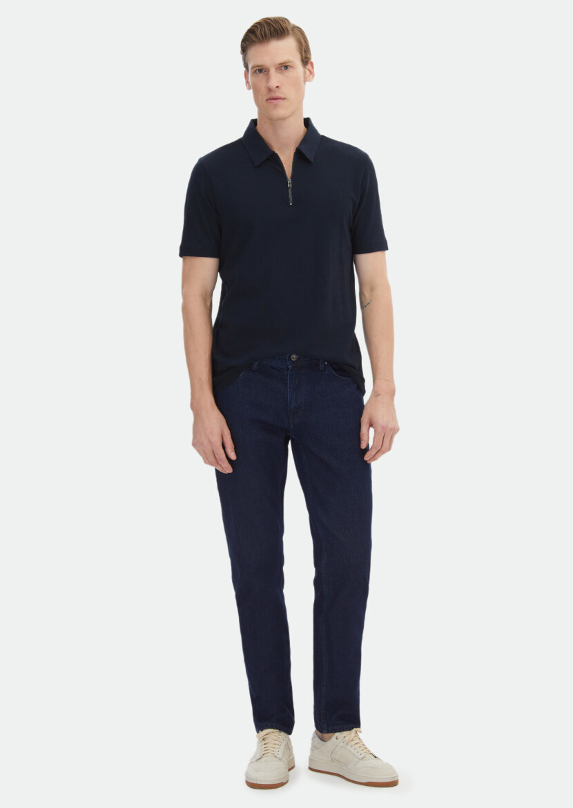 Lacivert Jakarlı Polo Yaka %100 Pamuk T-Shirt 