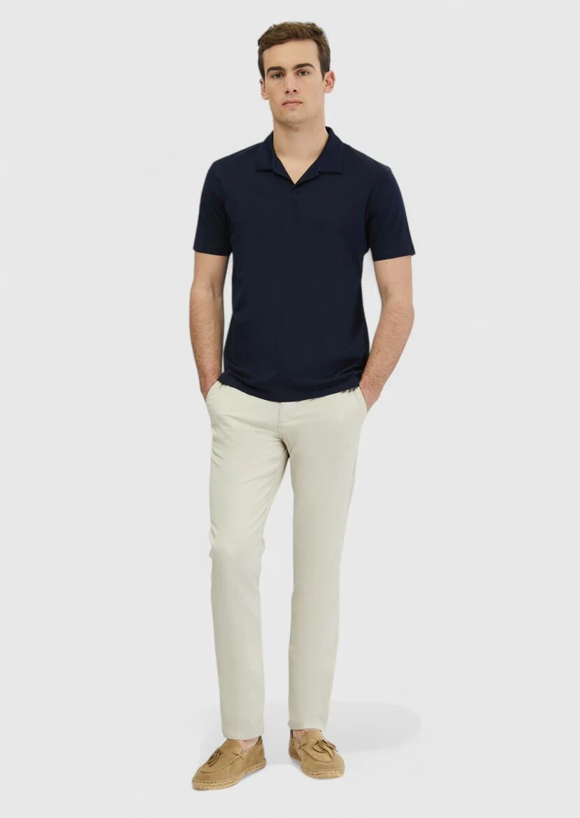 Lacivert Jakarlı Polo Yaka %100 Pamuk T-Shirt - 1