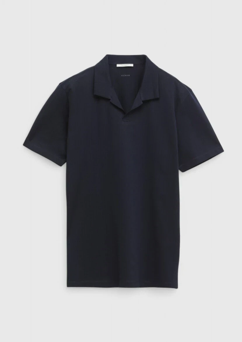 Lacivert Jakarlı Polo Yaka %100 Pamuk T-Shirt - 5