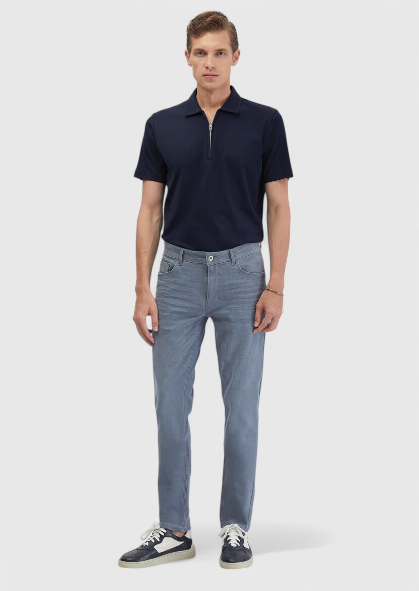 Lacivert Jakarlı Polo Yaka %100 Pamuk T-Shirt - 2