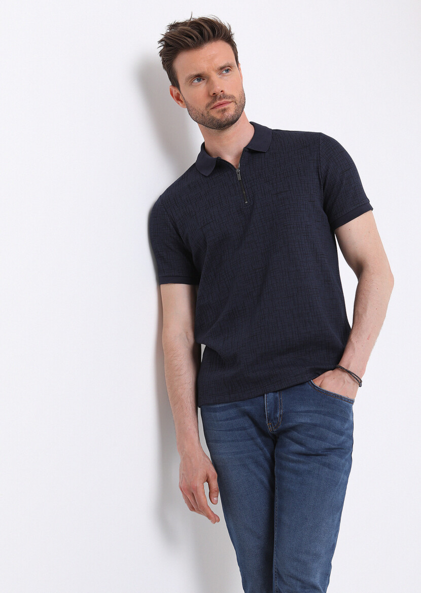 Lacivert Jakarlı Polo Yaka Pamuk Karışımlı T-Shirt - 1