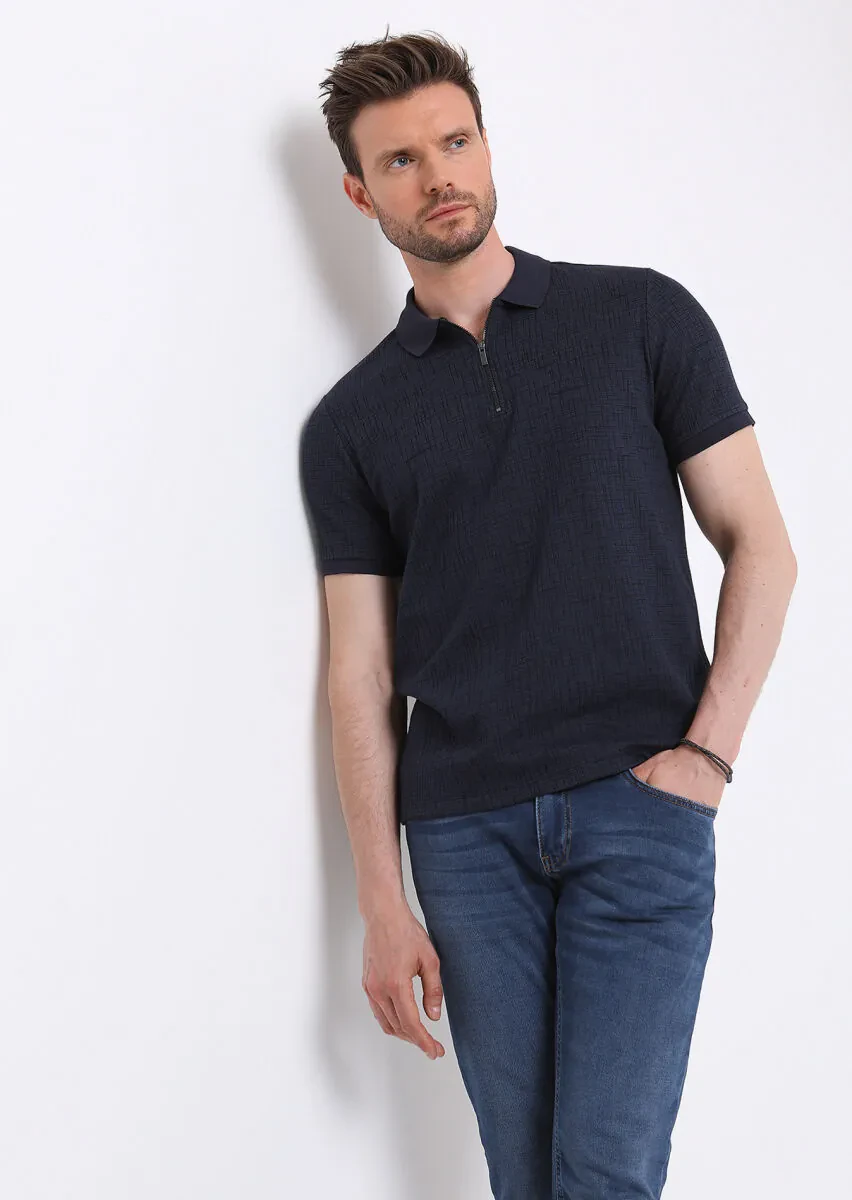 Lacivert Jakarlı Polo Yaka Pamuk Karışımlı T-Shirt - 1