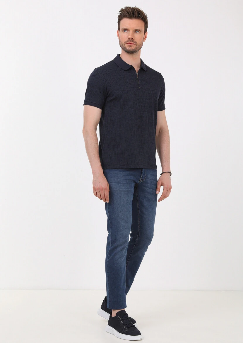 Lacivert Jakarlı Polo Yaka Pamuk Karışımlı T-Shirt - 3