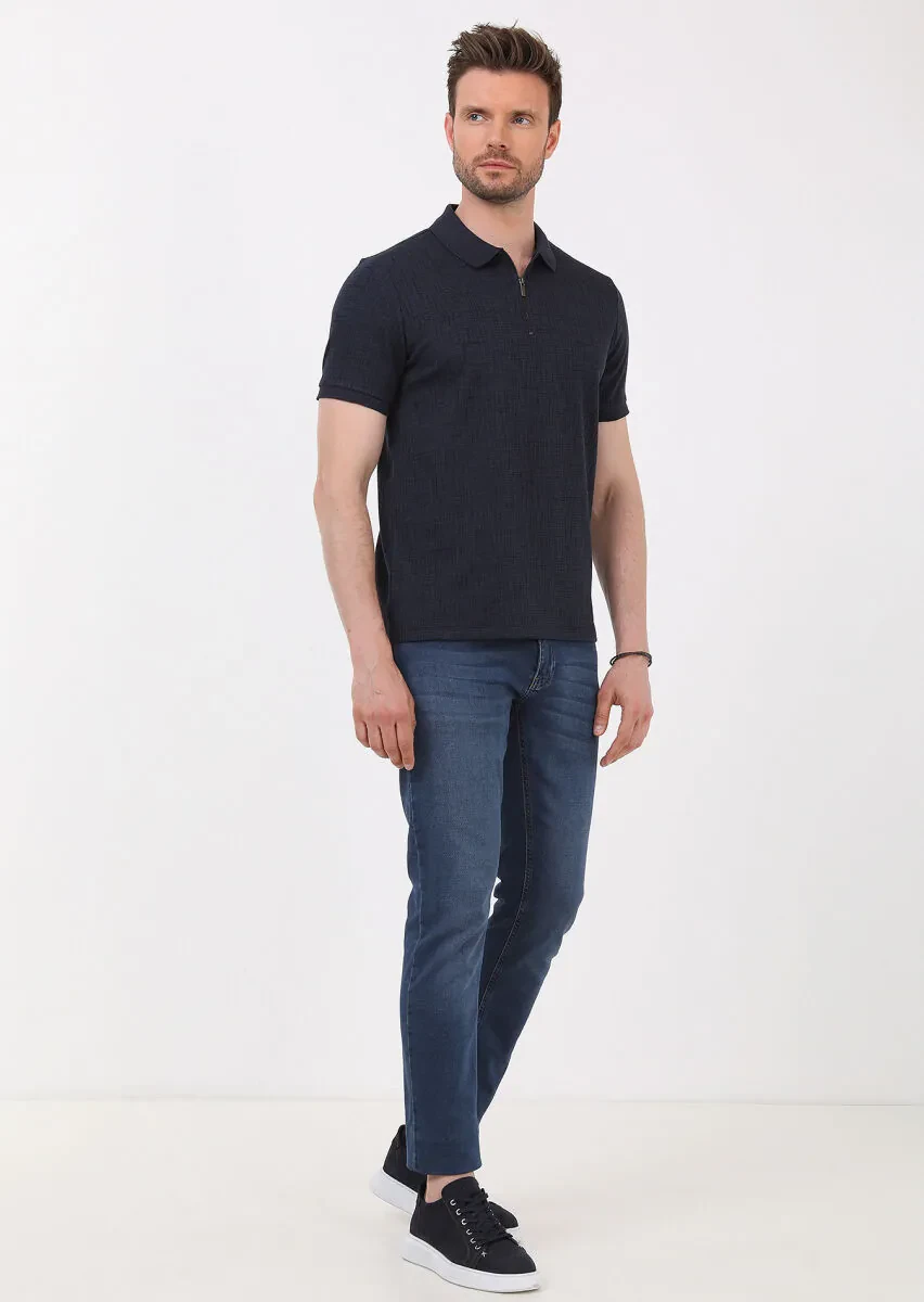 Lacivert Jakarlı Polo Yaka Pamuk Karışımlı T-Shirt - 3