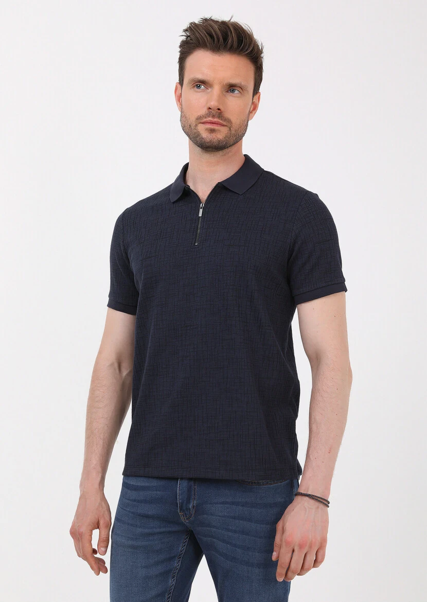 Lacivert Jakarlı Polo Yaka Pamuk Karışımlı T-Shirt - 4