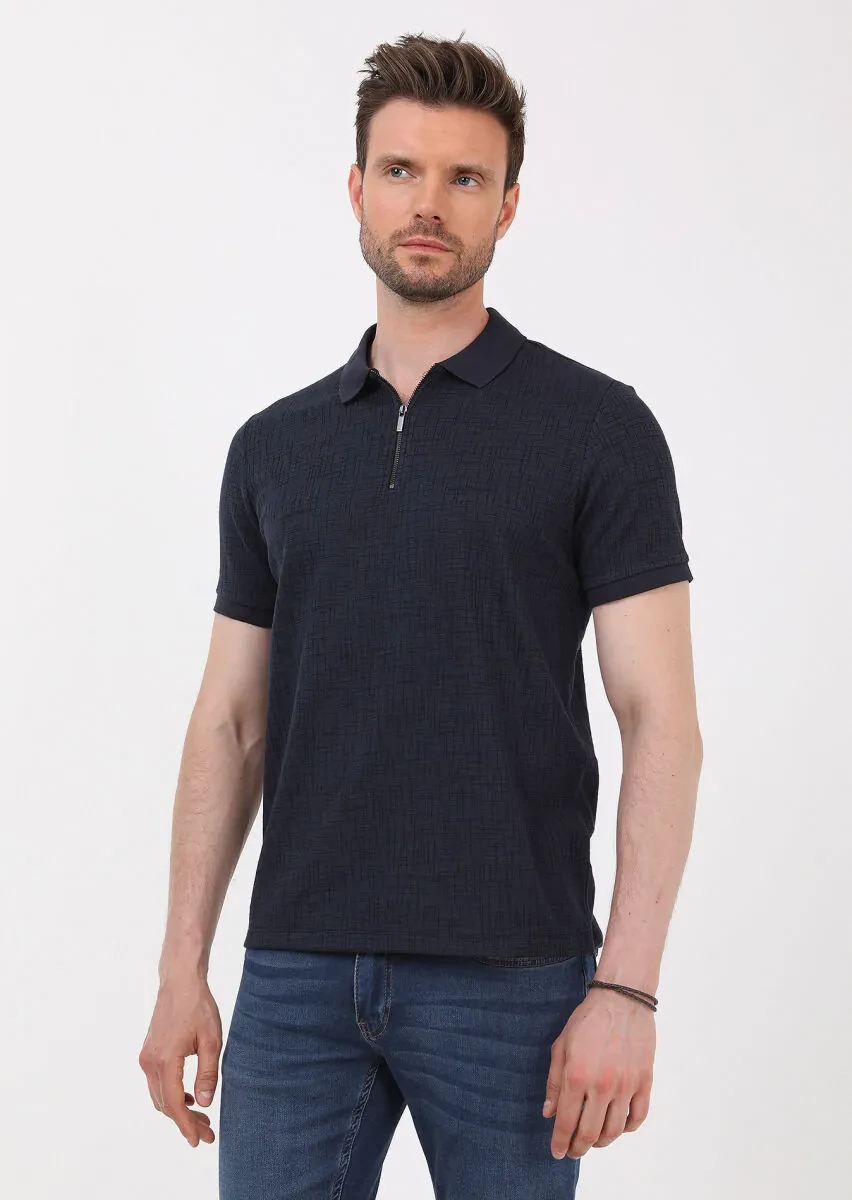 Lacivert Jakarlı Polo Yaka Pamuk Karışımlı T-Shirt - 4