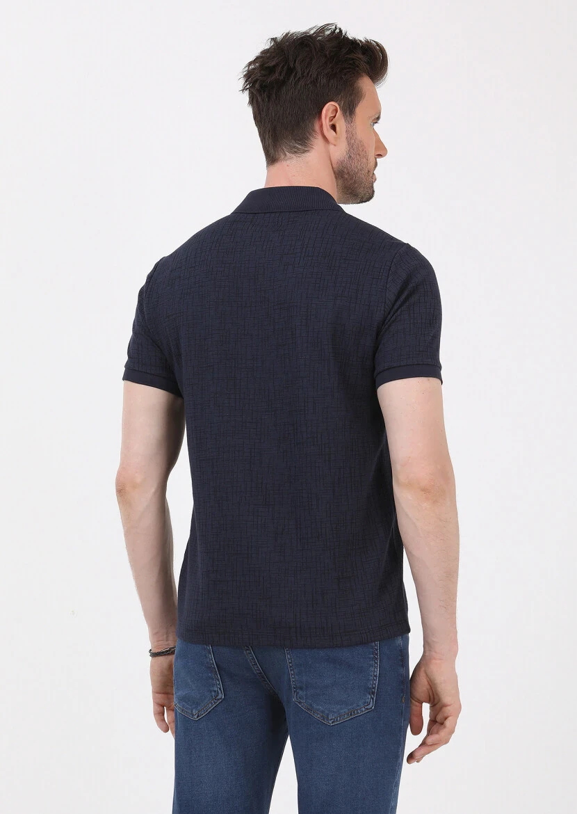 Lacivert Jakarlı Polo Yaka Pamuk Karışımlı T-Shirt - 5